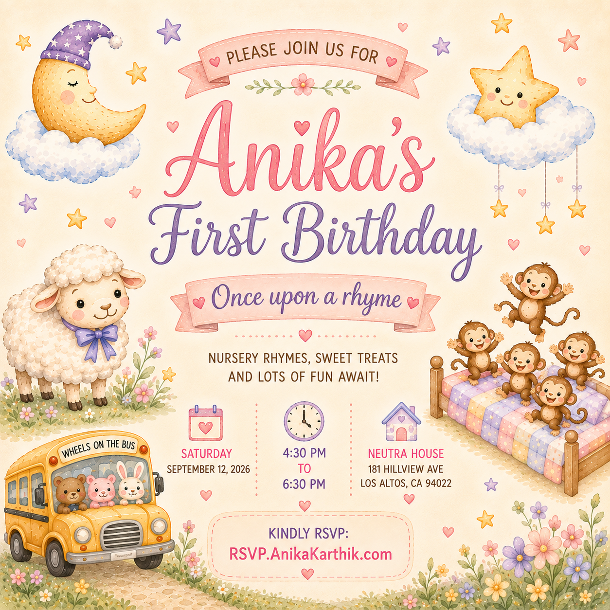 Anika’s First Birthday invitation with watercolor moon, stars, sheep, monkeys and a yellow bus.